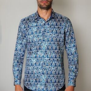 Robert Graham  PIERRESON Men’s Distressed Blue /White Geometric Shirt, Size L NW